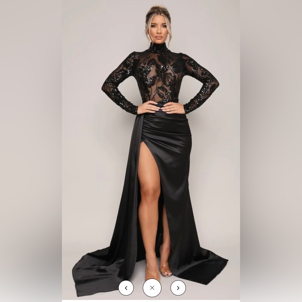 MONACO SHEER SEQUIN AND SATIN GOWN WITH SASH- BLACK Size 10